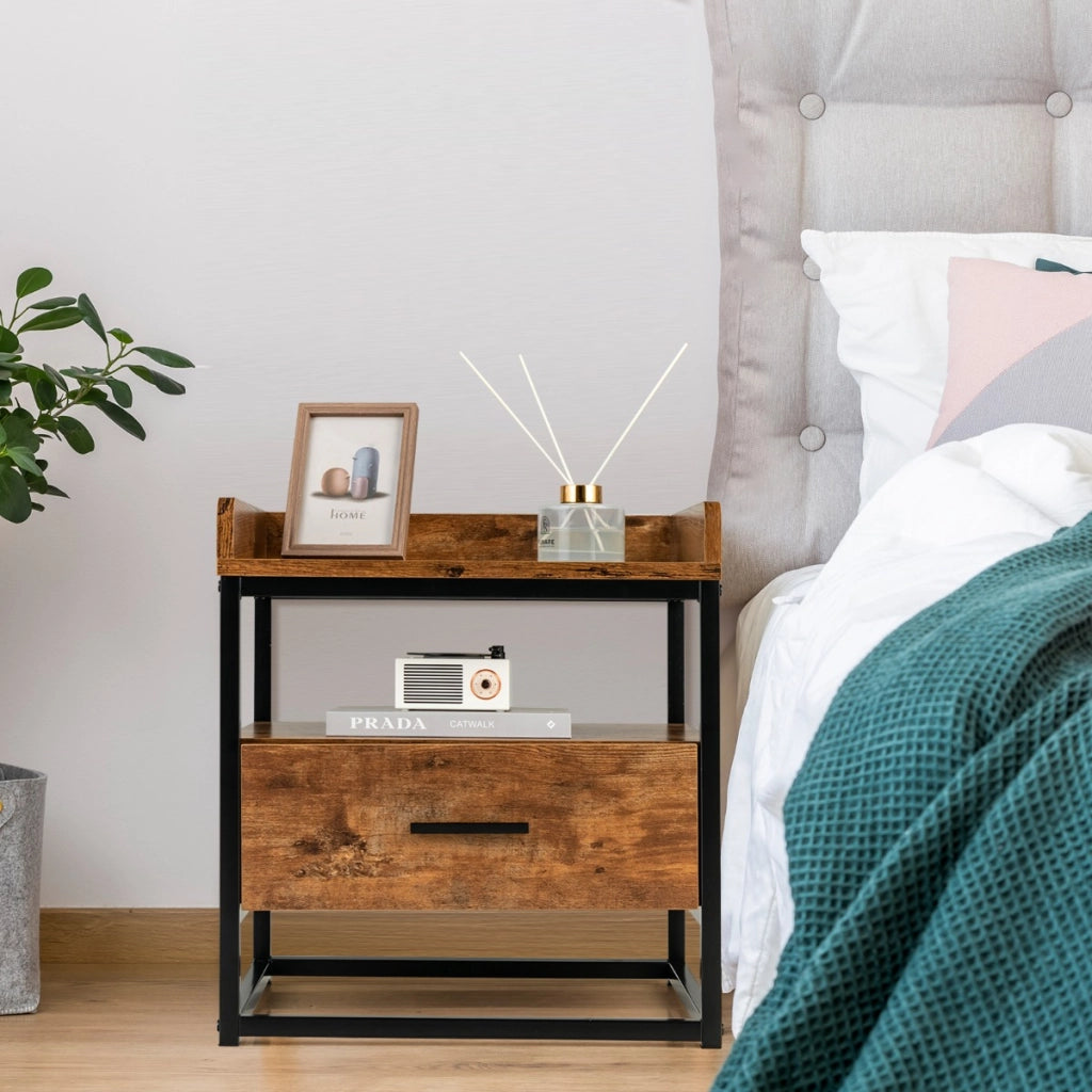 Tavolino a 3 livelli con cassetto baffles superiori rialzati scomparto aperto, Comodino in legno Marrone rustico-Tavolini