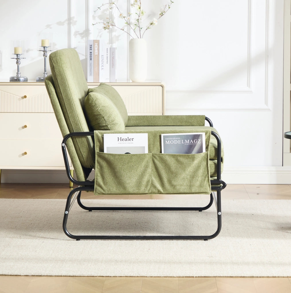 Divano letto a 2 posti convertibile in chenille verde oliva con struttura in metallo; 104x85x92 cm