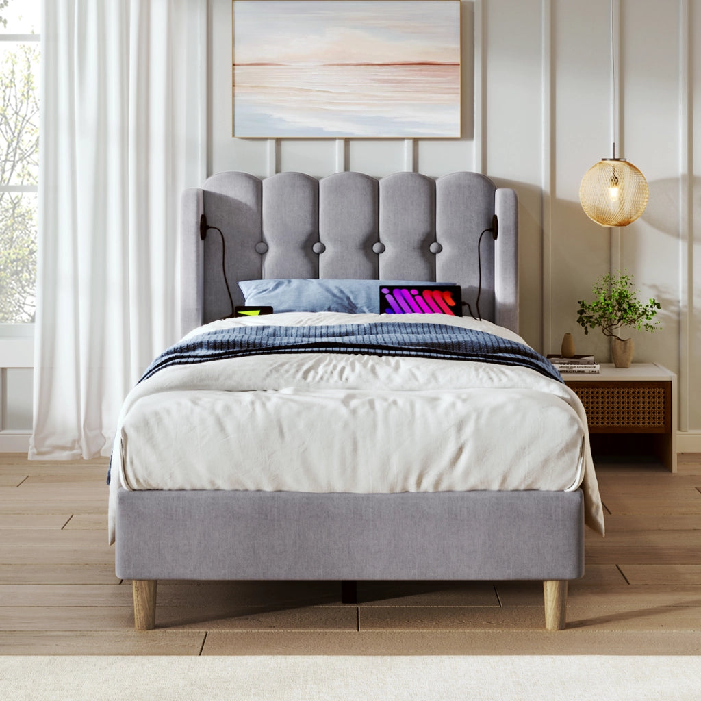 Letto Singolo 90×200 cm; Letto a 1 Piazza con USB; USB-C e Testiera Imbottita; senza Materasso; Lino; Grigio