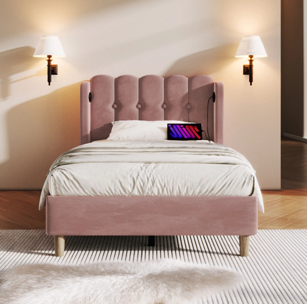 Letto singolo 90x200 in velluto rosa con USB Type-C， rete a doghe