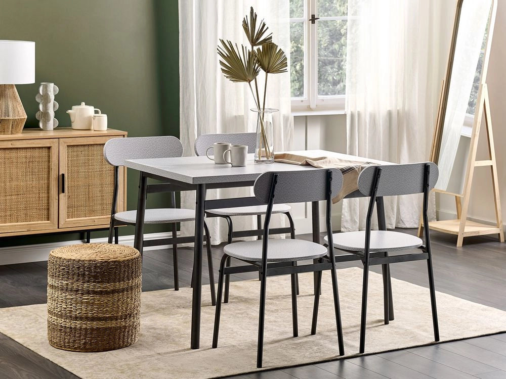 Set Pranzo Piano Grigio Gambe Acciaio Nero Tavolo Rettangolare 110 x 70 cm 4 Sedie Moderne