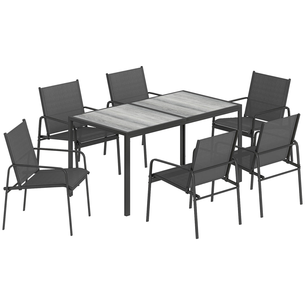 Set 7 Pezzi da Giardino con Tavolo e 6 Sedie da Pranzo con Braccioli in Acciaio Nero