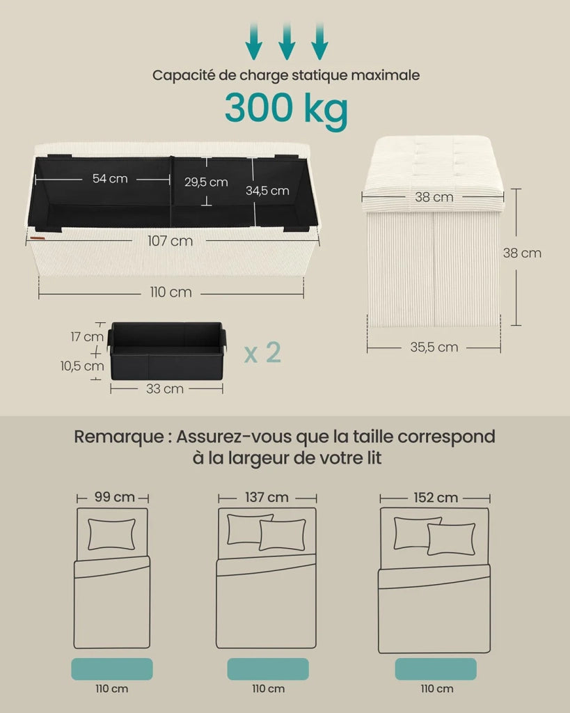 Panca/pouf contenitore pieghevole 38 x 76 x 38 cm poggiapiedi/testa letto cassapanca contenitore portata fino a 300 kg per soggiorno camera da letto ingresso bianco 12_0004170