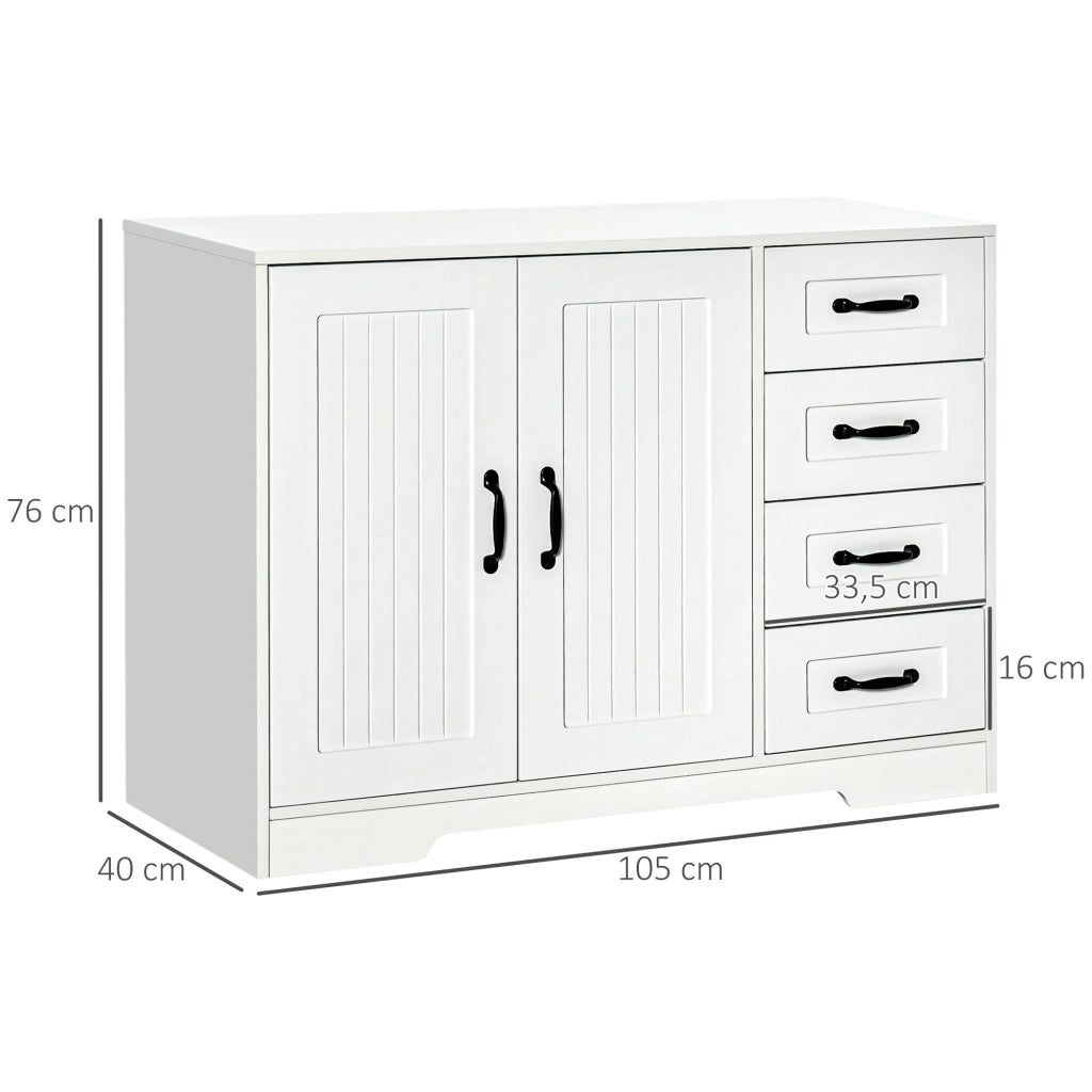 Credenza bianca con 4 cassetti, ripiano regolabile e dispositivo antiribaltamento per cucina e soggiorno.