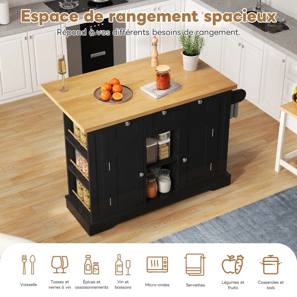 Carrello da Cucina con 3 Cassetti; 2 Ante; Ripiani Aperti; Presa e Portasciugamani; Cucina; in MDF; 132x40x87 cm; Naturale e Nero