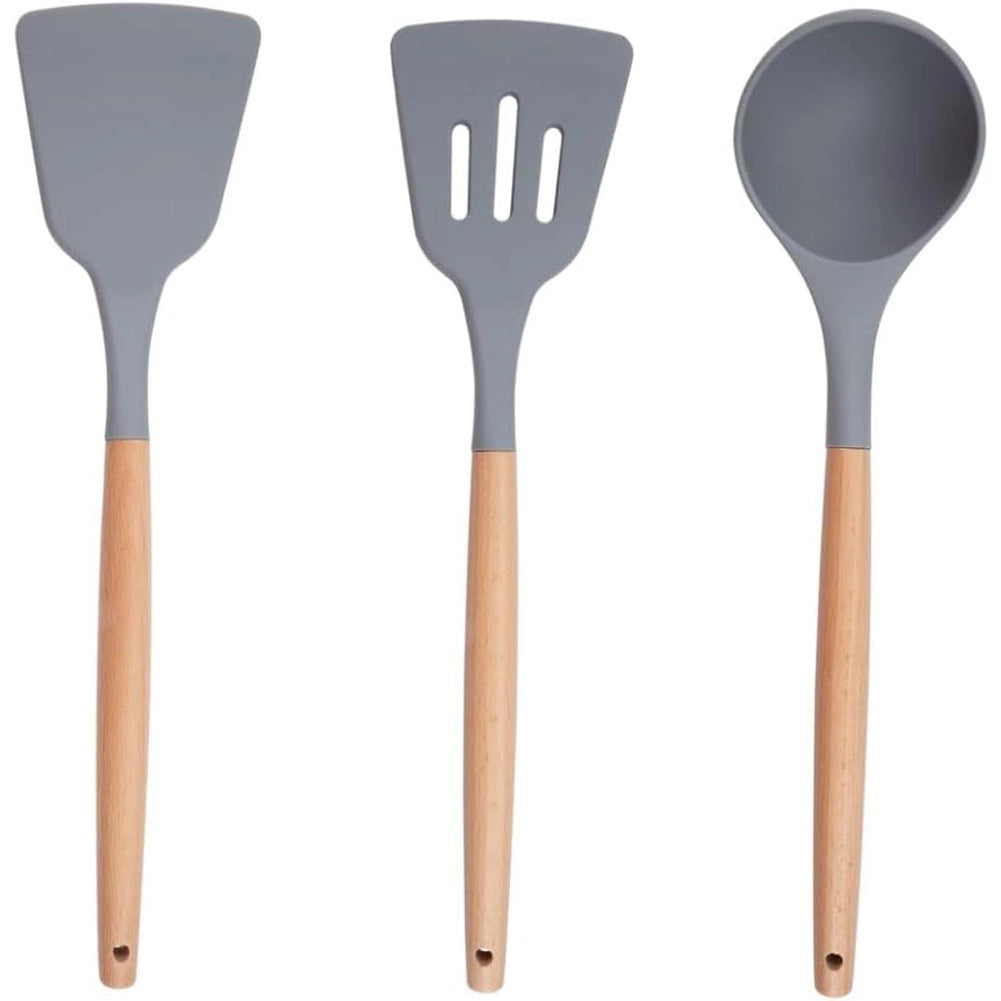 Set Utensili da Cucina Grigio e Supporto 12 Pezzi Utensili Silicone Manico Legno