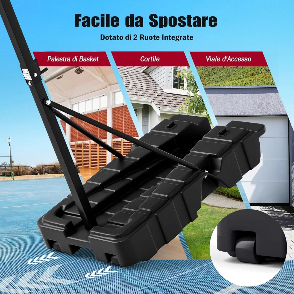 Canestro da Basket da Esterno ed Interno, Canestro da Basket Professionale e Pieghevole con Altezza Regolabile 230-305 cm, Tabellone in PC Infrangibile e Base Mobile con Ruote e Riempibile