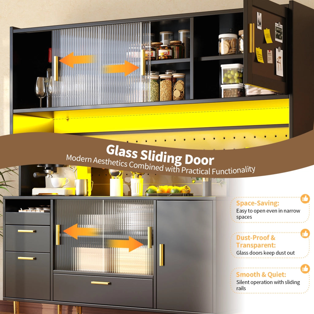 Credenza e madia con LED smart, vani aperti e cassetti, per cucina e sala da pranzo, nero, 140 × 40 × 180 cm