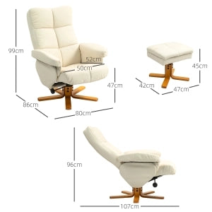 Poltrona relax girevole 360° con poggiapiedi e vano contenitore, reclinabile fino a 145°, bianco crema
