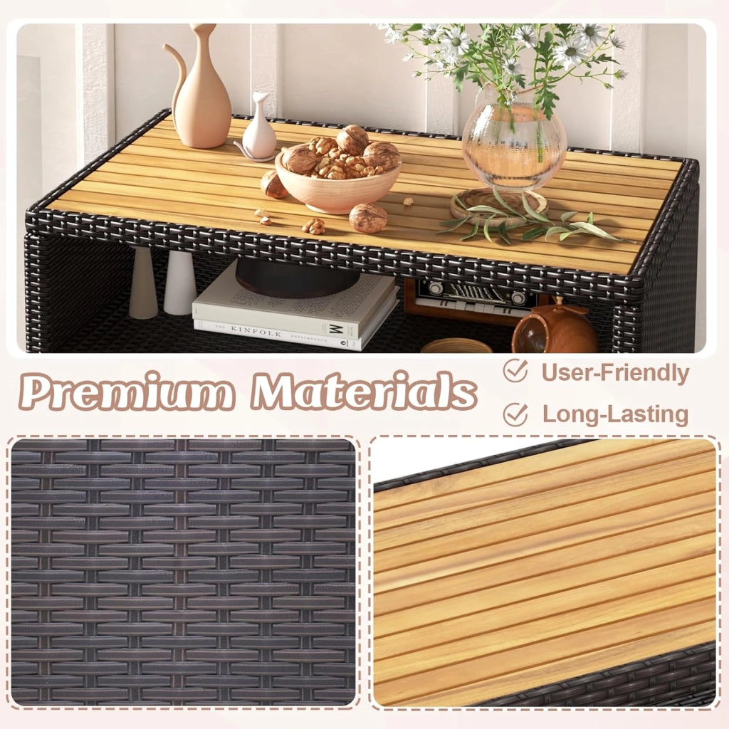 Armadio da Esterno Impermeabile in Rattan, Armadietto Basso con Piano di Lavoro in Legno e Ripiano Aperto, Credenza da Cucina, Balcone, Giardino, Corridoio, 90 x 53 x 86 cm (Marrone)