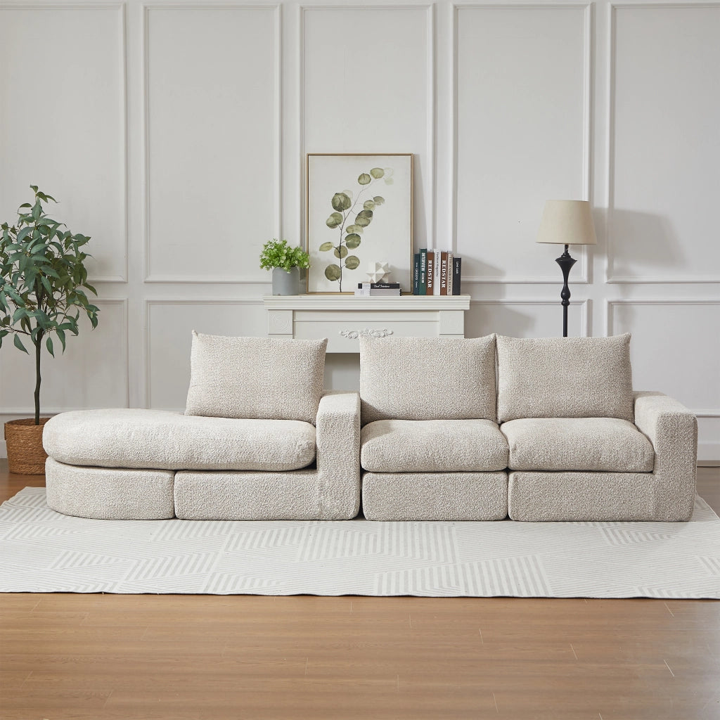 Divano modulare a quattro moduli con chaise longue reversibile e cuscini cervicali, in ciniglia beige e ferro