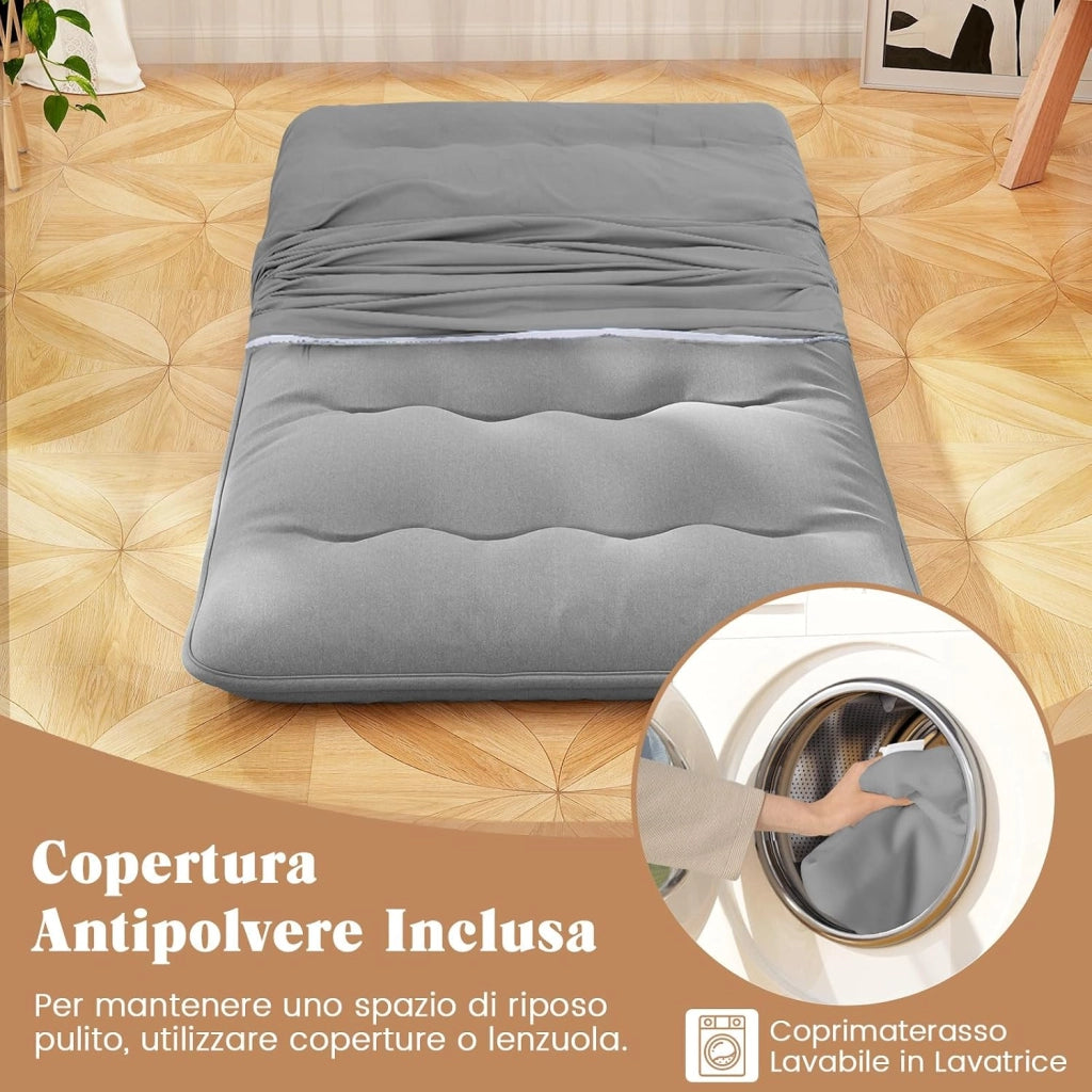 Materasso Futon Pieghevole, Materasso Portatile con Sacca da Trasporto per Camping, Materasso da Terra con Copertura Lavabile (Grigio,200 x 90 cm)