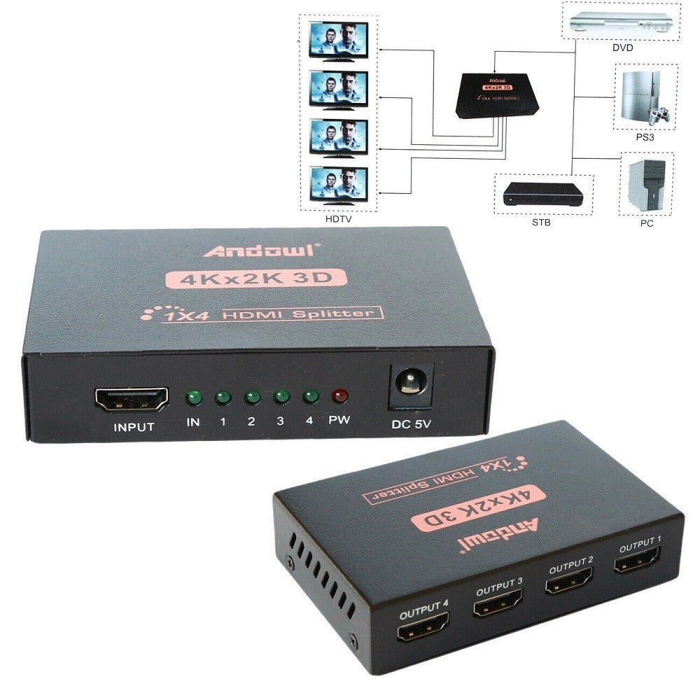 Trade Shop - Splitter Sdoppiatore Hdmi Alta Definizione 1080p 4k 2k 3d 4 Uscite Amplificate -
