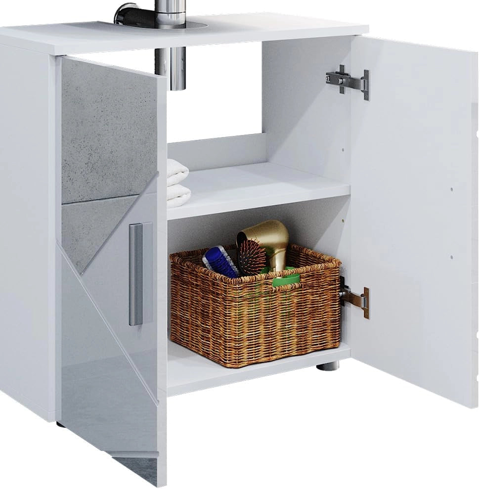 Set mobili bagno Irma, Bianco lucido con inserti, 80 cm, composto da specchio da bagno e mobile sottolavabo
