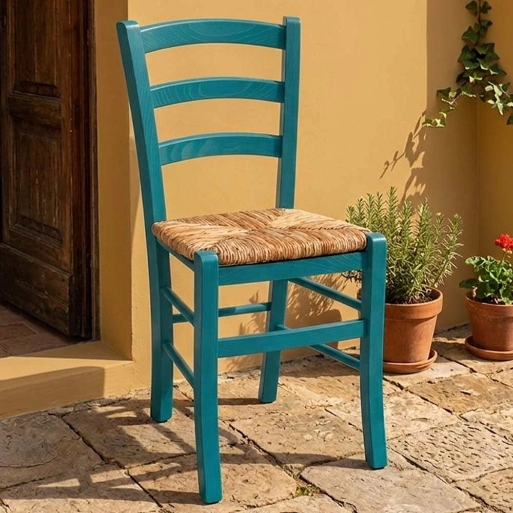 Sedie sala da pranzo Venezia legno turchese con seduta in paglia di riso