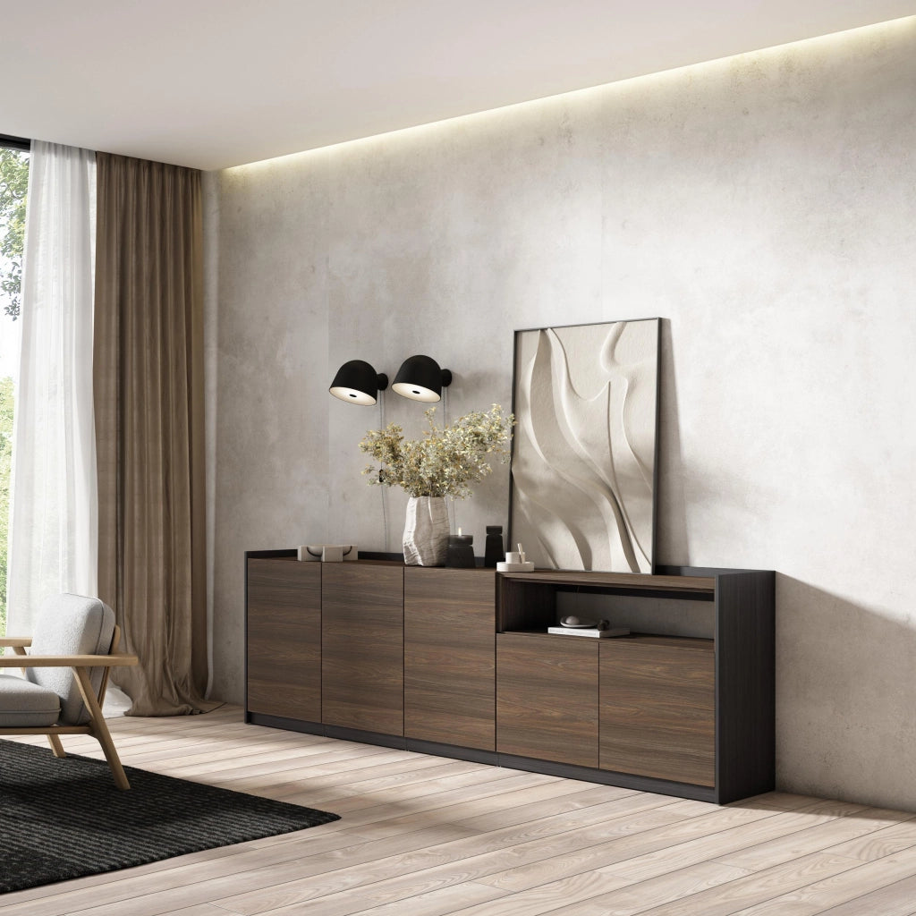 Credenza, Mobile, Cucina, 260x80x37 cm, 5 Porte, grande stoccaggio, Rovere scuro e Nero