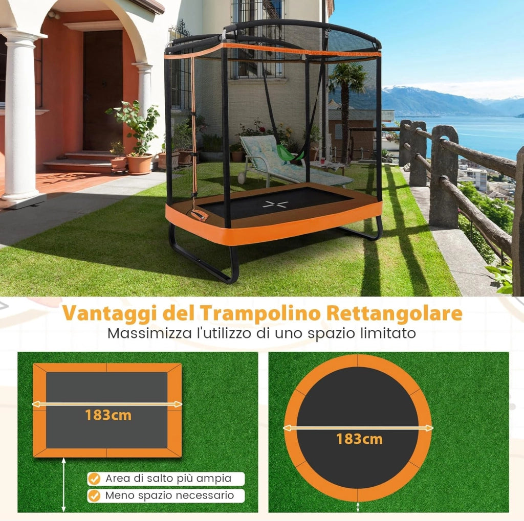 Trampolino per Bambini Rettangolare, Tappeto Elastico da Esterno ed Interno per Bambini da 190CM con Altalena e Rete di Sicurezza per Bambini più di 3 Anni, Portata 100kg
