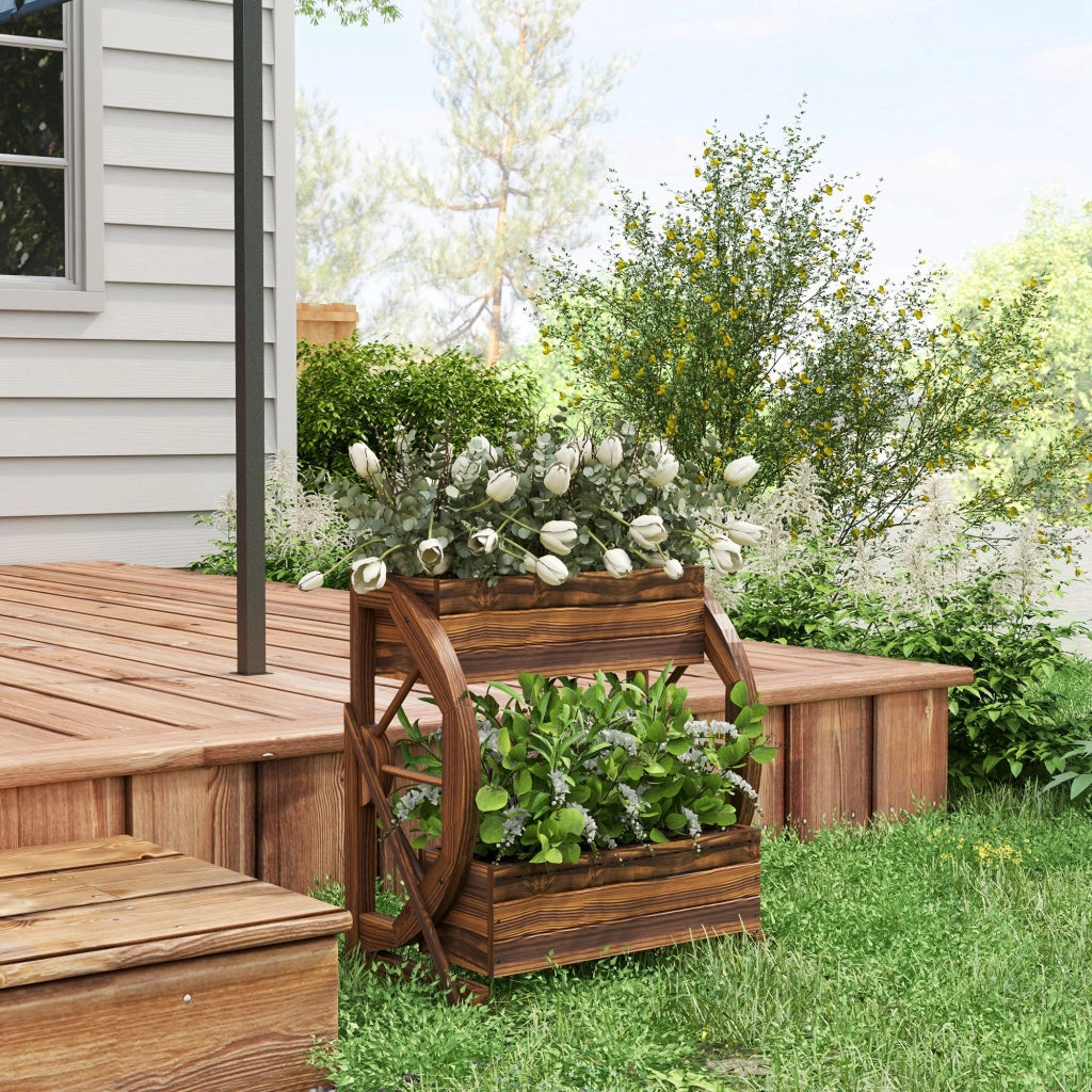Fioriera in Legno da Esterno a 2 Livelli con 3 Vasi e Ruote di Carro Stile Country, 55x32x56cm