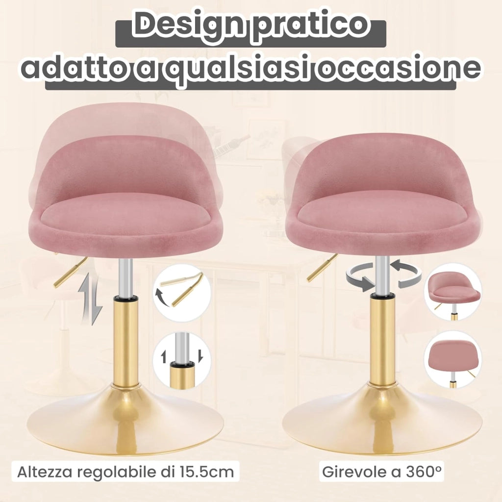 Sgabelli da Trucco Set di 2, Regolabile in Altezza, Sgabelli Girevoli per Ufficio Cucina Soggiorno Camera da Letto, Velluto, 42,5-58 cm, Rosa