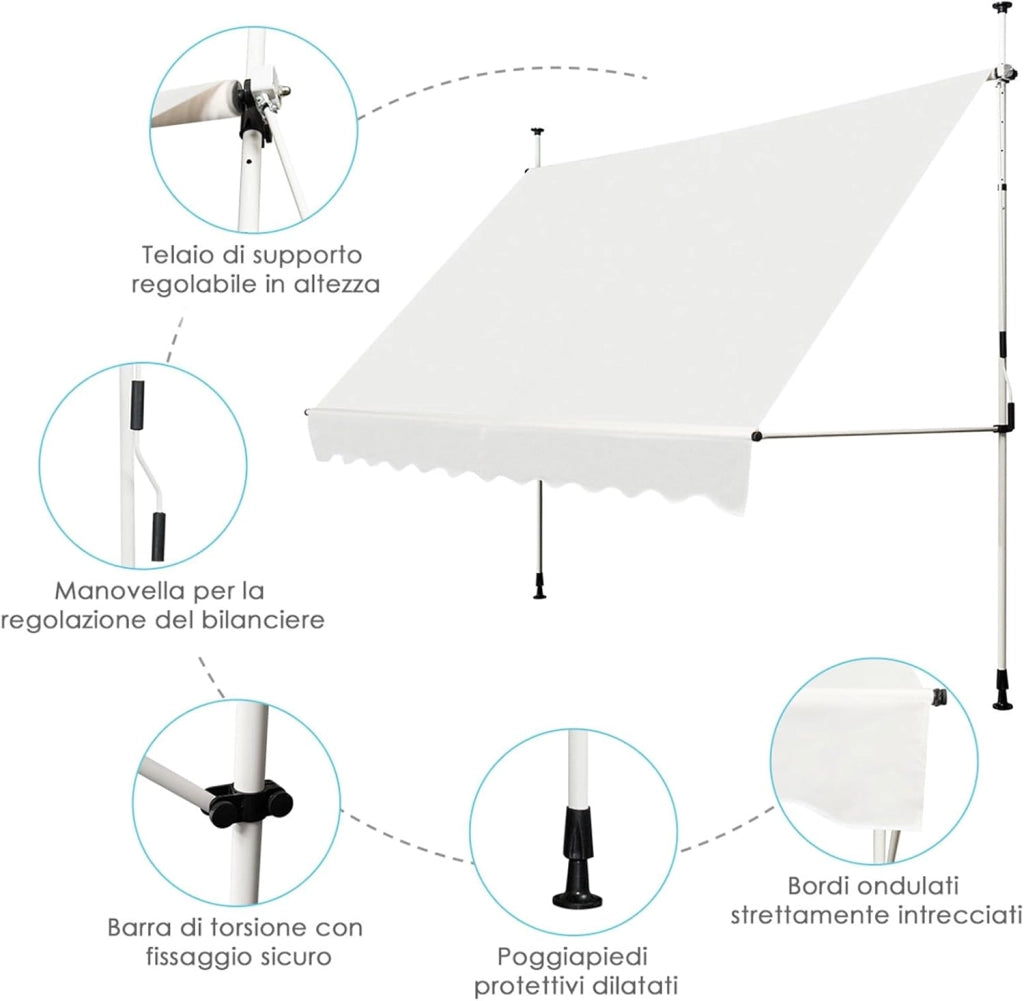 Tenda da Sole per Balcone, Tenda da Sole a Morsetto per Esterno, Regolabile in Altezza, Telaio Telescopico Senza Forare, Telo Resistente ai Raggi Solari (300 cm, Beige)