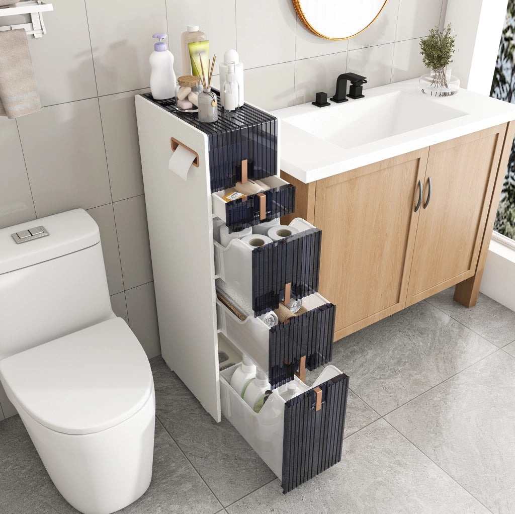 Mobile contenitore stretto in PP bianco con 4 cassetti; 2 coperchi e ruote
