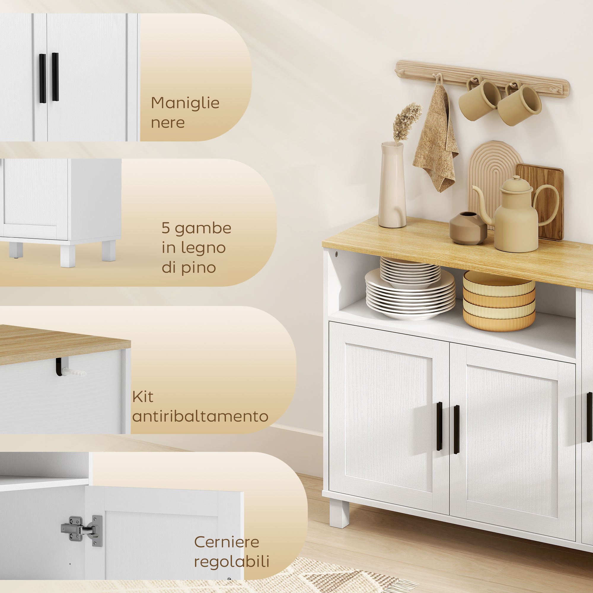 Credenza Cucina 110x33x75 cm con Ante Ammortizzate 2 Armadietti e Vano Aperto in Legno Bianco