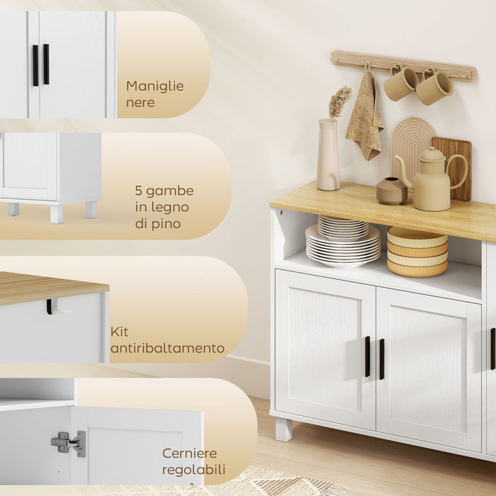 Credenza Cucina 110x33x75 cm con Ante Ammortizzate 2 Armadietti e Vano Aperto in Legno Bianco