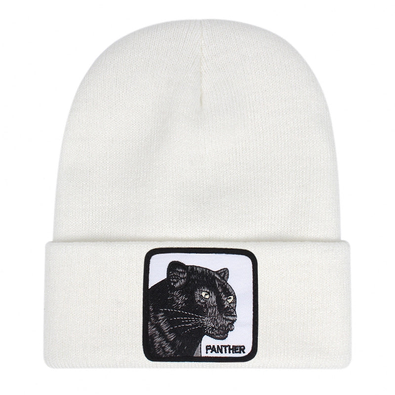 Berretto ricamato PANTHER con risvolto, lavorato a maglia, colore bianco