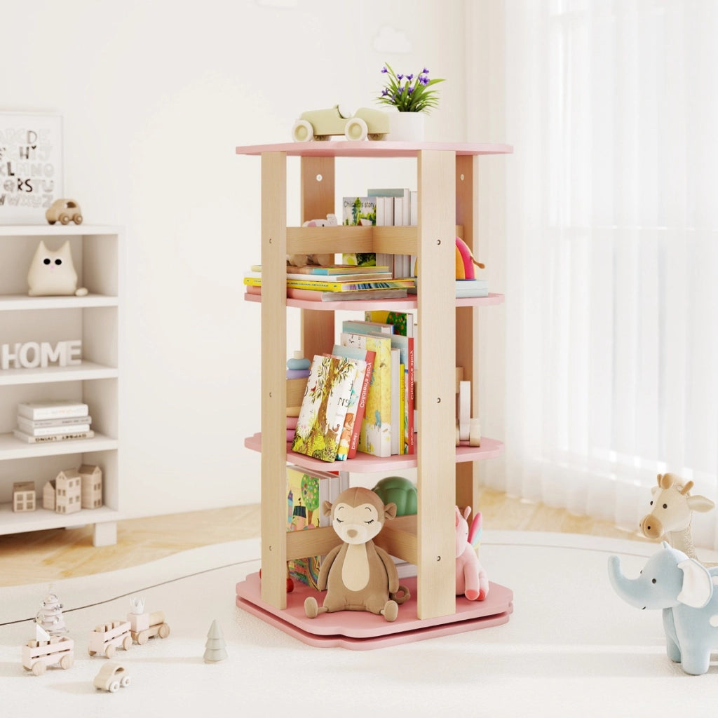 Scaffale per libri per bambini a 3 livelli con 12 scomparti, Libreria rotante per stanza dei bambini Rosa
