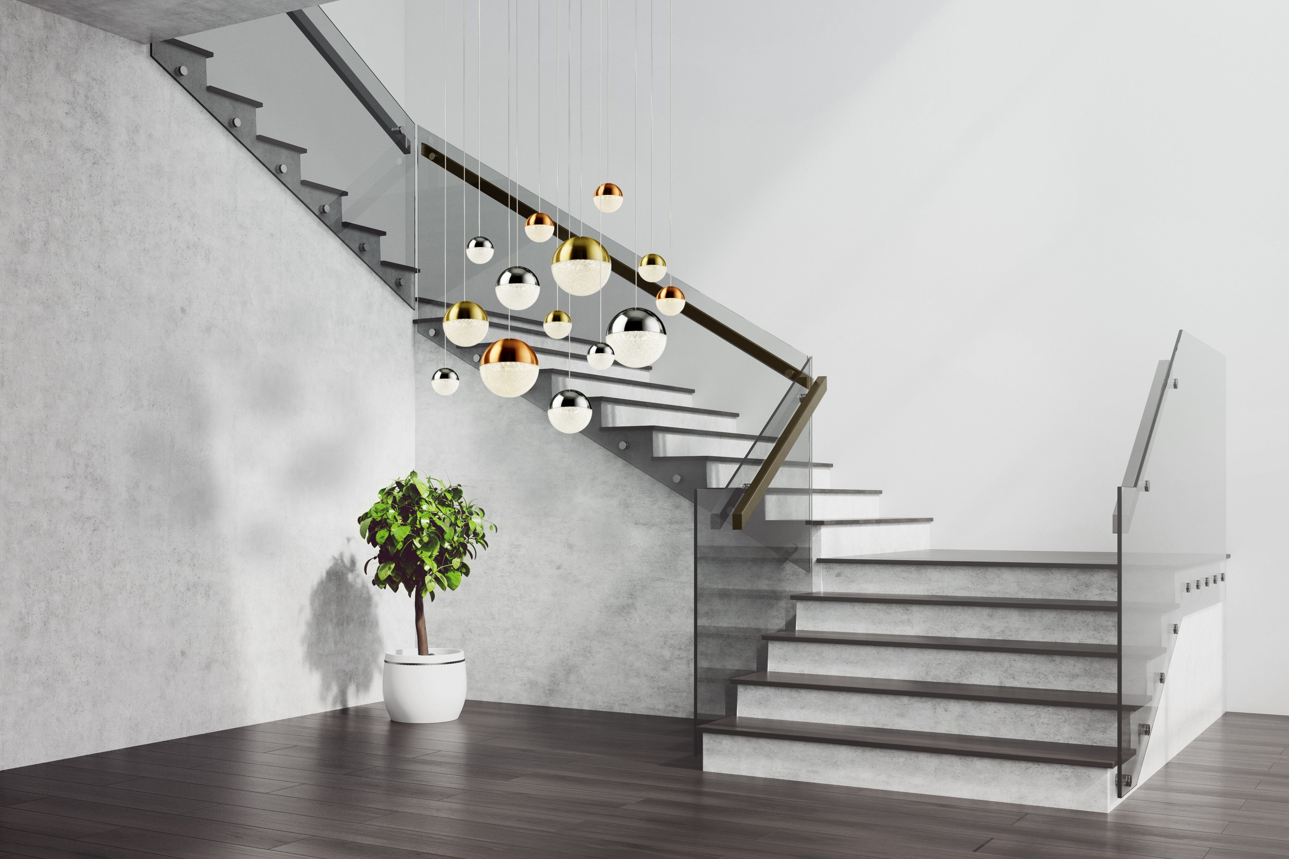 Lampadario Contemp Pianeti Acciaio Cromo Policarbonato Ottone Led 109W 4000K