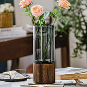 Vaso di cristallo per fiori, vaso cilindrico moderno, vaso di cristallo trasparente artigianale con base in legno, contenitore per fiori, pianta per casa, ufficio, decorazione, regalo per matrimonio