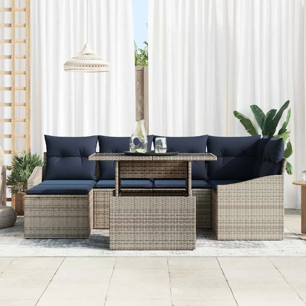 Set Divano da Giardino con cuscino 7 pcs Grigio e Blu Navy