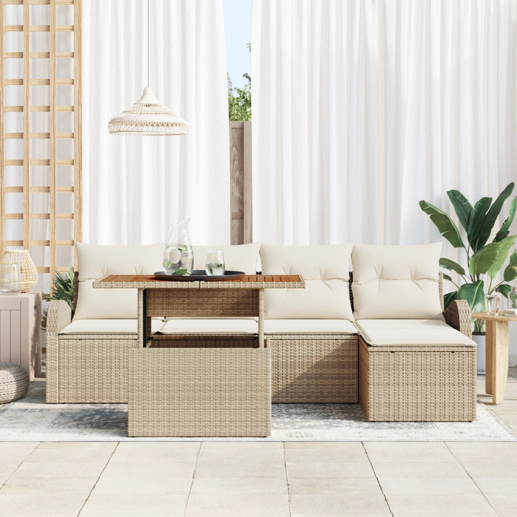 Set da pranzo per giardino con cuscini beige in polyrattan acacia a 6 pezzi