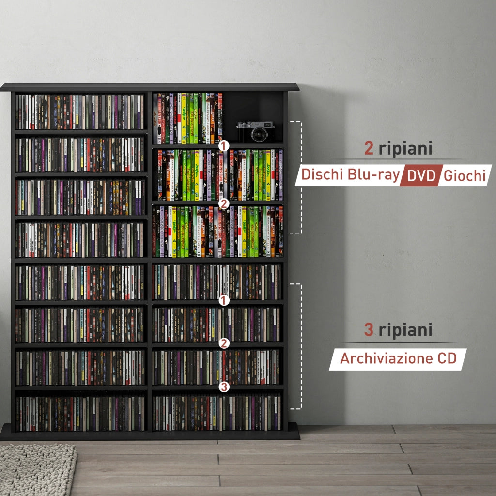 Libreria Porta CD 106,5x24x123,7 cm Design Moderno 16 Ripiani in Legno Nero