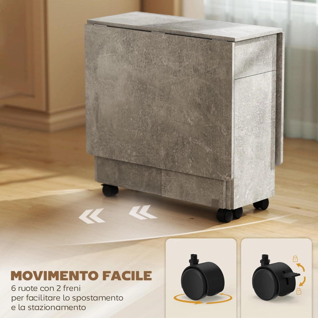 Tavolo da Pranzo Pieghevole 140x76x74 cm con Ruote con 2 Cassetti 2 Ante e Armadietto in Legno Grigio Cemento