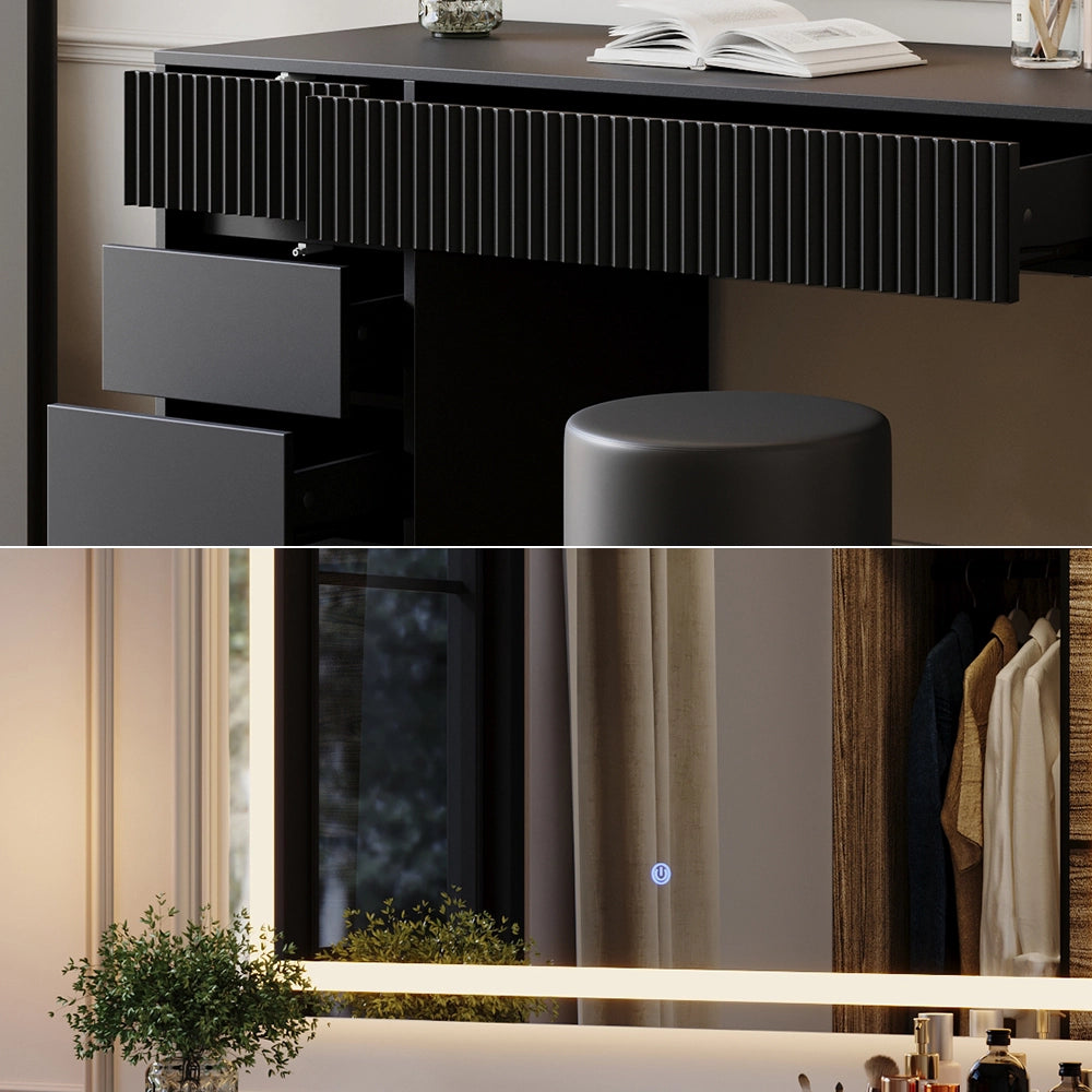 Vicco Tavolo da toilette Nero 120 cm con specchio LED e sgabello