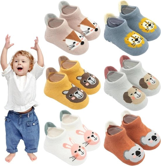 12 paia di calze antiscivolo per bambini - calze in cotone per bambini - motivi cartoon di animali - per bambini ragazze e ragazzi - unisex - 6-12 mesi.