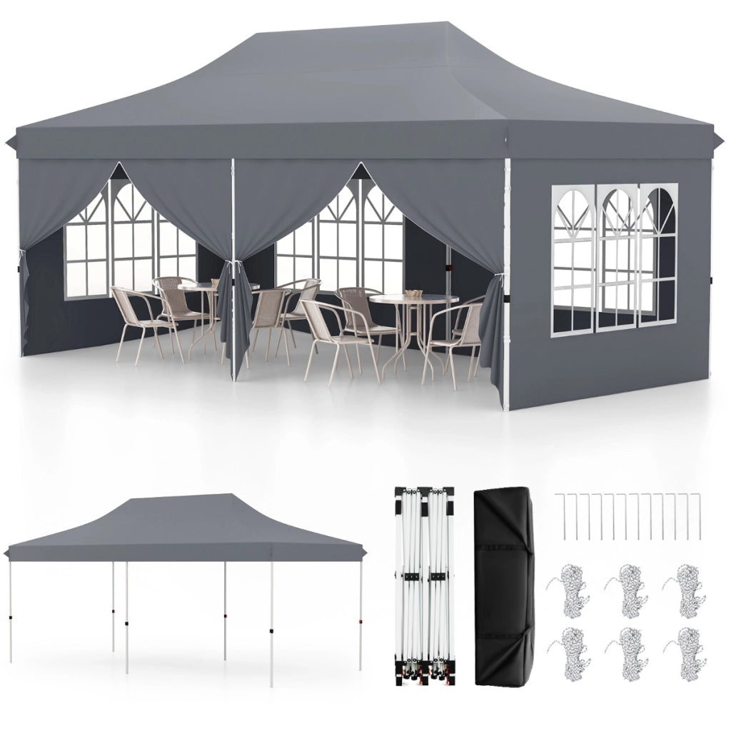 Tenda a scomparsa 3x6m con 6 pareti laterali rimovibili borsa da trasporto, Tenda gazebo pieghevole per feste Grigio-Gazebo