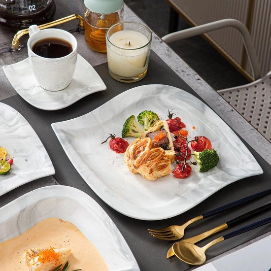 Set di Cenere - Servizio da Tavola in Ceramica - Piatto da Primo - Grigio Marmo - 60 pezzi - Completo di Piatti, Zuppa, Tazze e Piatti Fondo - Adatto per 12 Persone