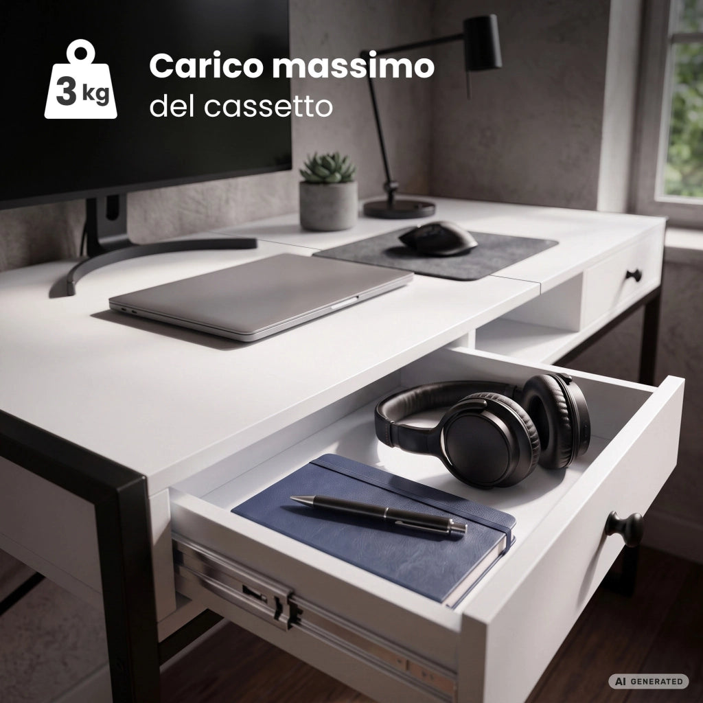 Scrivania industriale per computer Bianca ELONIS 123 cm 2 cassetti 1 ripiano gambe nere