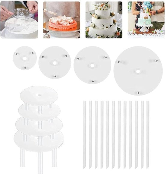 Supporto per torte, piatto per torte, 4 basi per torte, sostegni per torte con 12 punte in plastica, sostegni per torte riciclabili per matrimoni, feste, compleanni, torte (10, 10, 10, 25, 25 cm) (bianco)