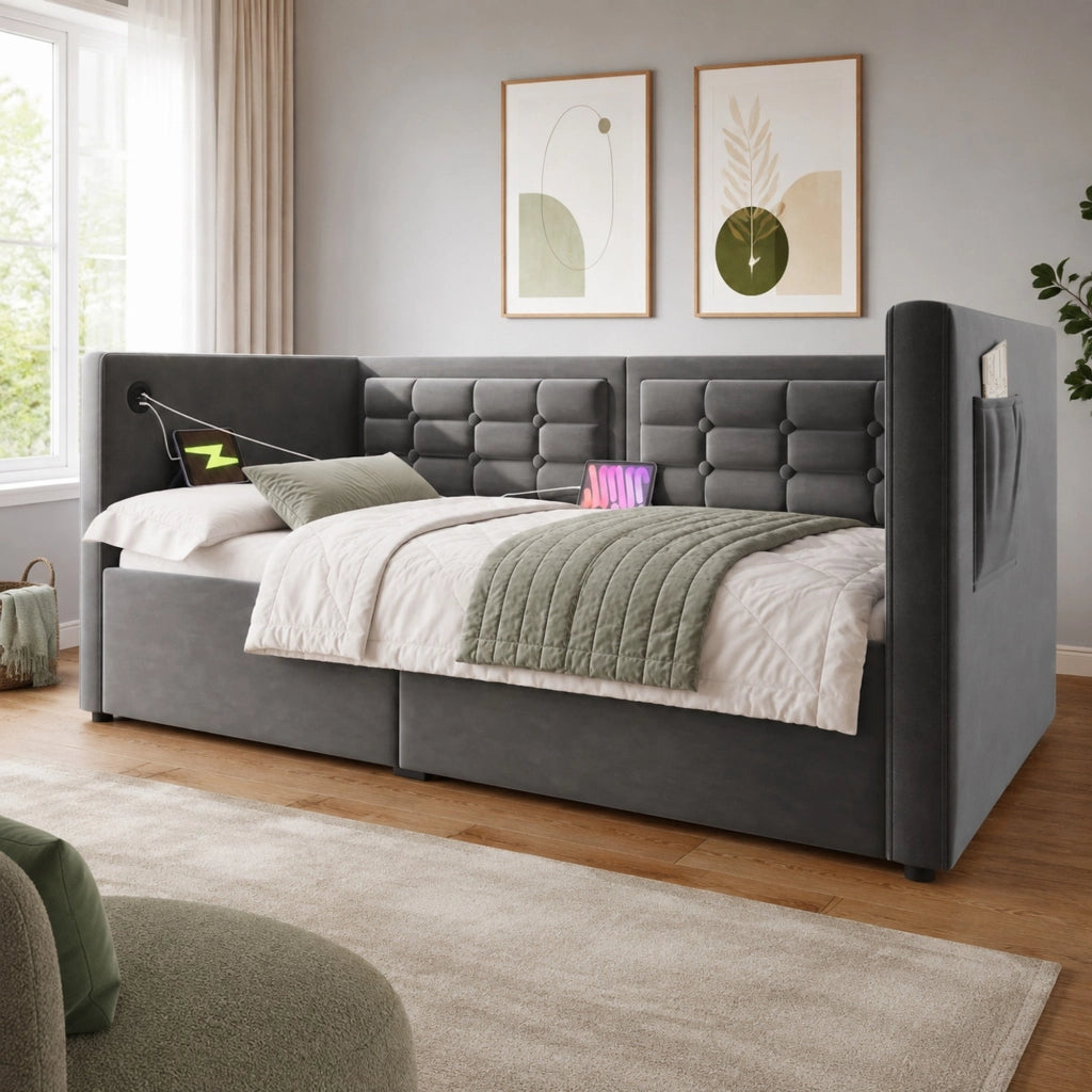 Letto divano imbottito 90x190 cm con vano contenitore idraulico, porta USB e Type-C, velluto grigio, senza materasso