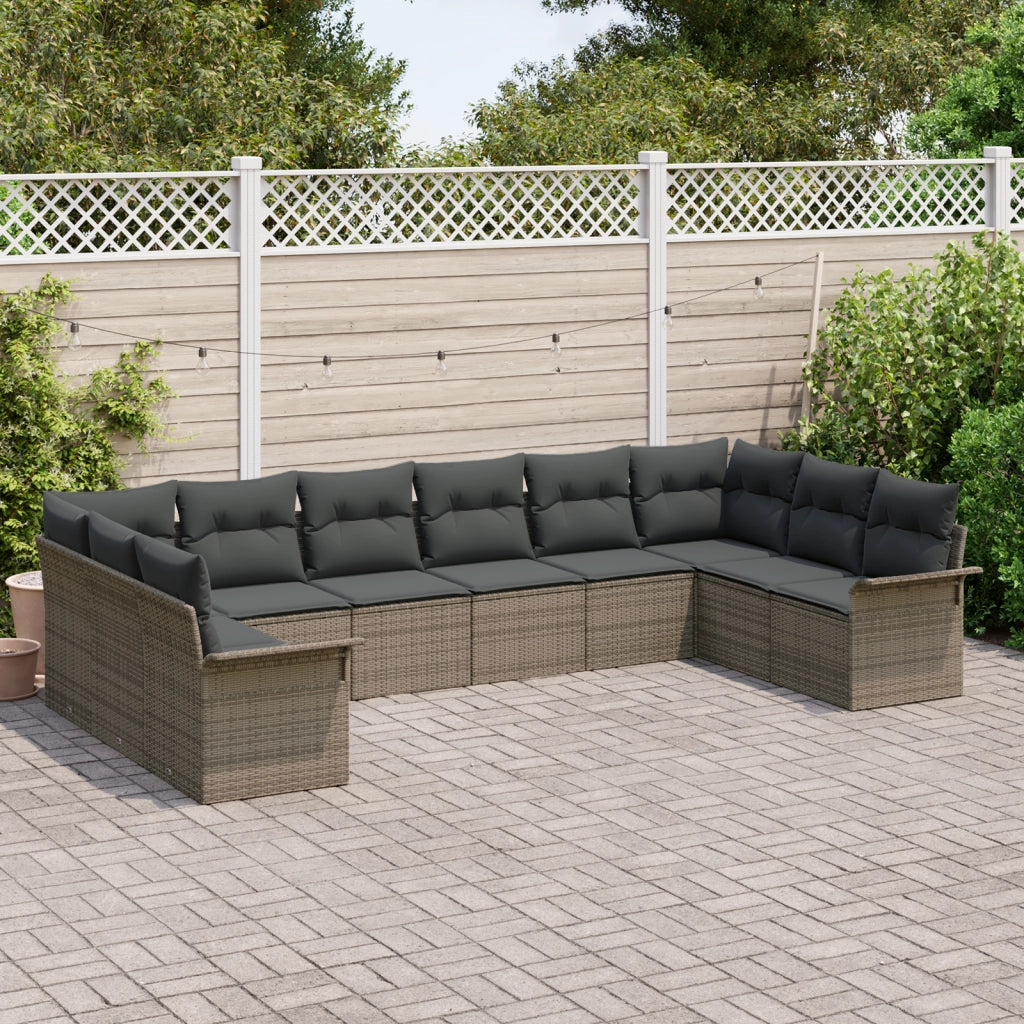 Set da Divano da Giardino in 10 Pezzi con Cuscini Grigio Poly Rattan