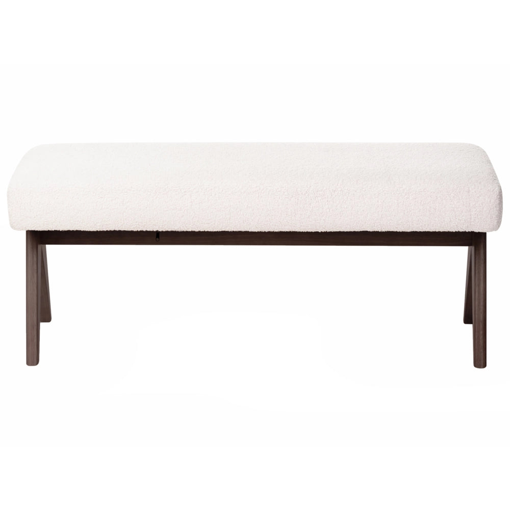 Panca Boucle bianco sporco e marrone scuro con gambe in legno imbottite Panca per corridoio e panca da letto
