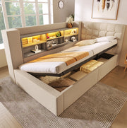 Letto singolo 90x190 cm in lino beige con LED; contenitore idraulico e testiera a L reversibile