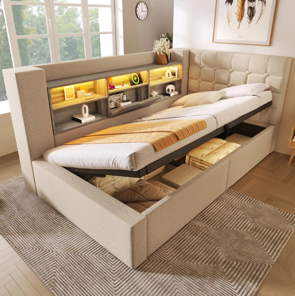 Letto singolo 90x190 cm in lino beige con LED; contenitore idraulico e testiera a L reversibile