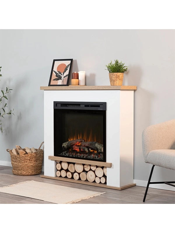 Camino Elettrico Riscaldante Da Pavimento Autoportante a LED - 28" - Bianco opaco / Rovere chiaro - 106 x 100 x 28 - TULA