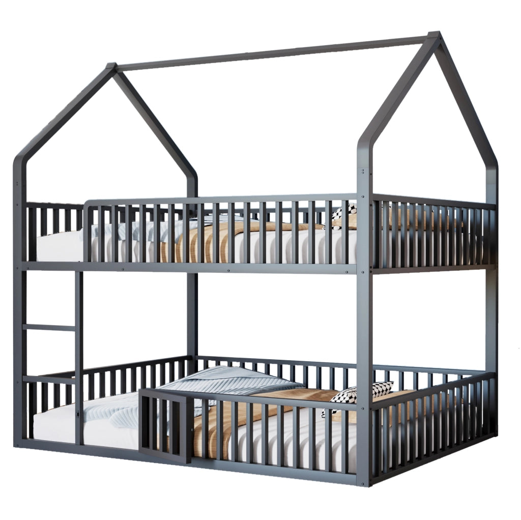 Letto a castello 140x200 cm a forma di casa con scaletta frontale in metallo nero