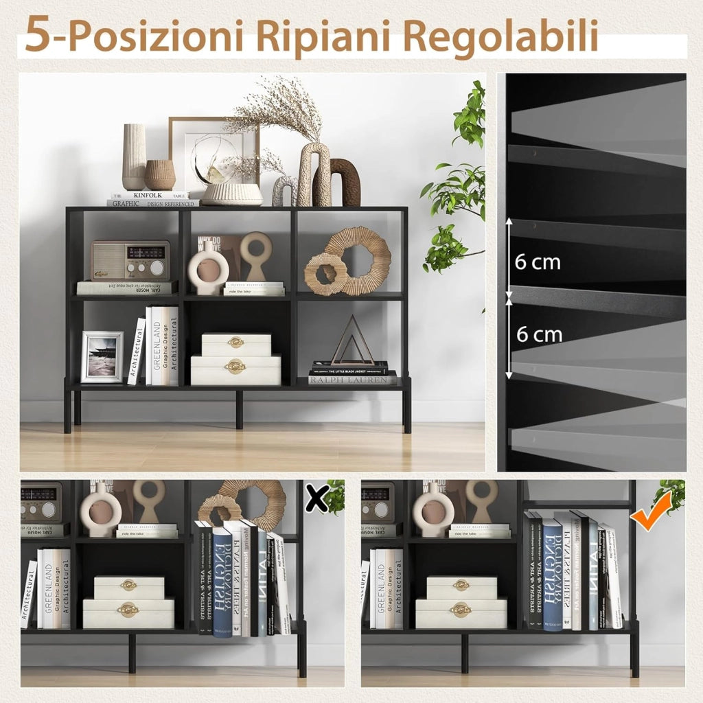 Scaffale a 6 Cubi, Libreria Aperta in Legno con Gambe Metalliche, Ripiani Regolabili in 5 Posizioni, Dispositivo Antiribaltamento, Scaffale per Casa e Ufficio, 120 x 35 x 79,5 cm (Nero)