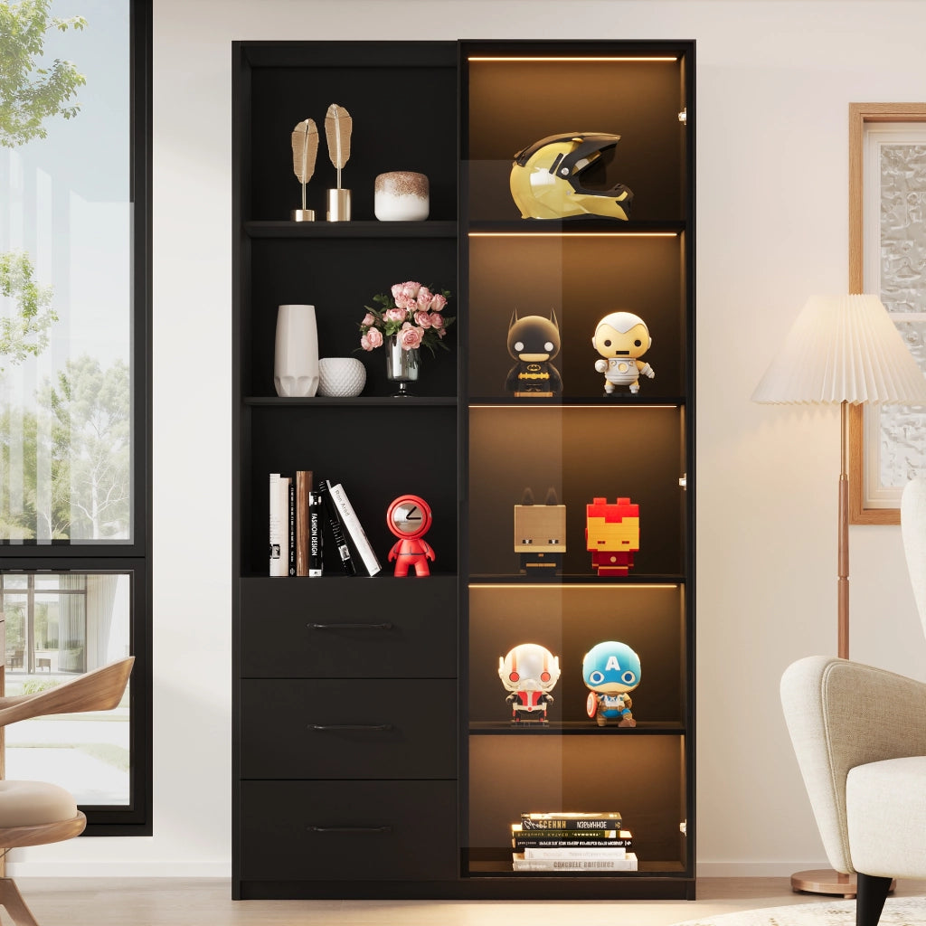 Libreria vetrina con LED e 3 cassetti, con 3 vani aperti e porta in vetro temperato, nero, 80 × 40 × 160 cm